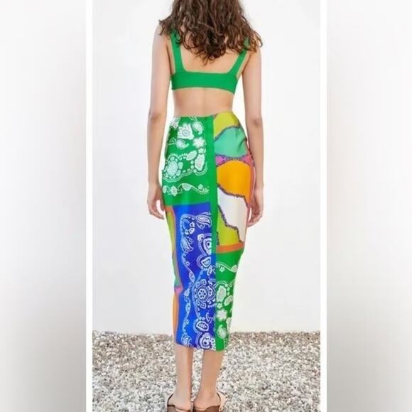Bailey 44 Colorful Patchwork Satin Knotted Waist Front Slit Midi Pencil Skirt - Picture 3 of 11